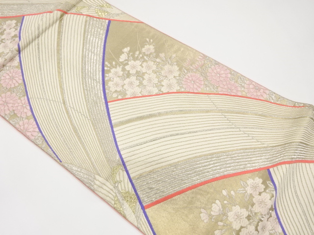 JAPANESE KIMONO / ANTIQUE FUKURO OBI / SILK / WOVEN SAKURA